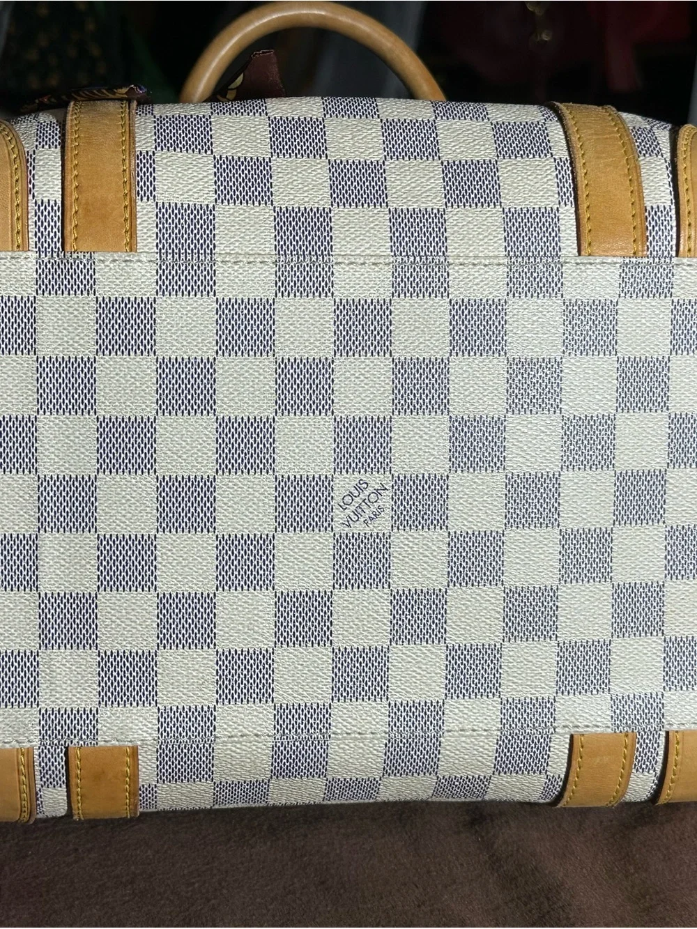 Louis Vuitton Damier Azur Berkeley Satchel in White & Tan with Gold Hardware